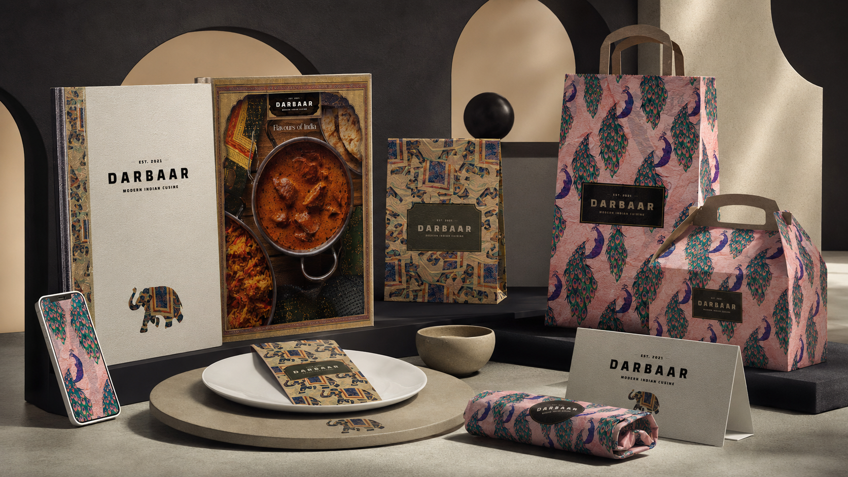 Darbaar identity presented as a three-dimensional hospitality installation