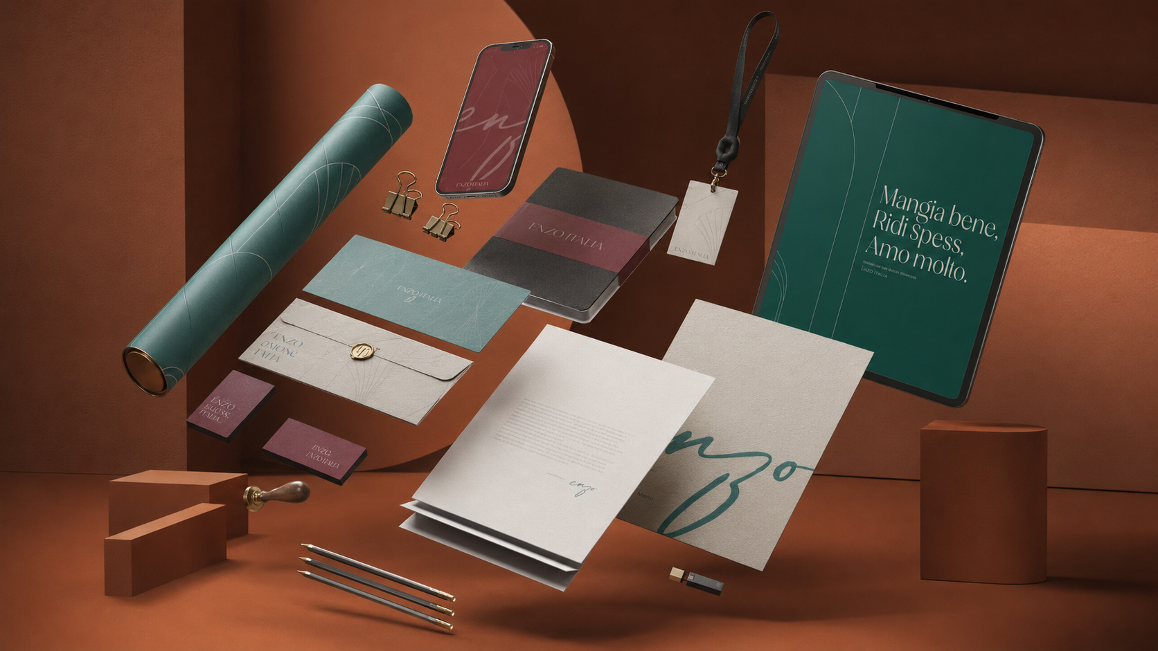 Enzo Italia identity presented as a three-dimensional studio installation