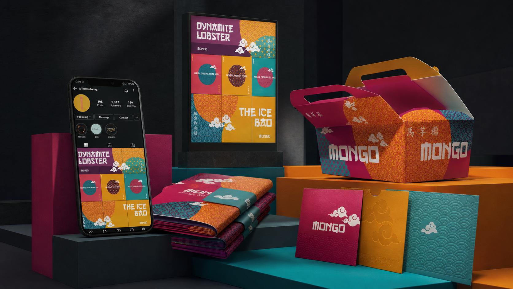 Mongo identity presented as a three-dimensional packaging installation