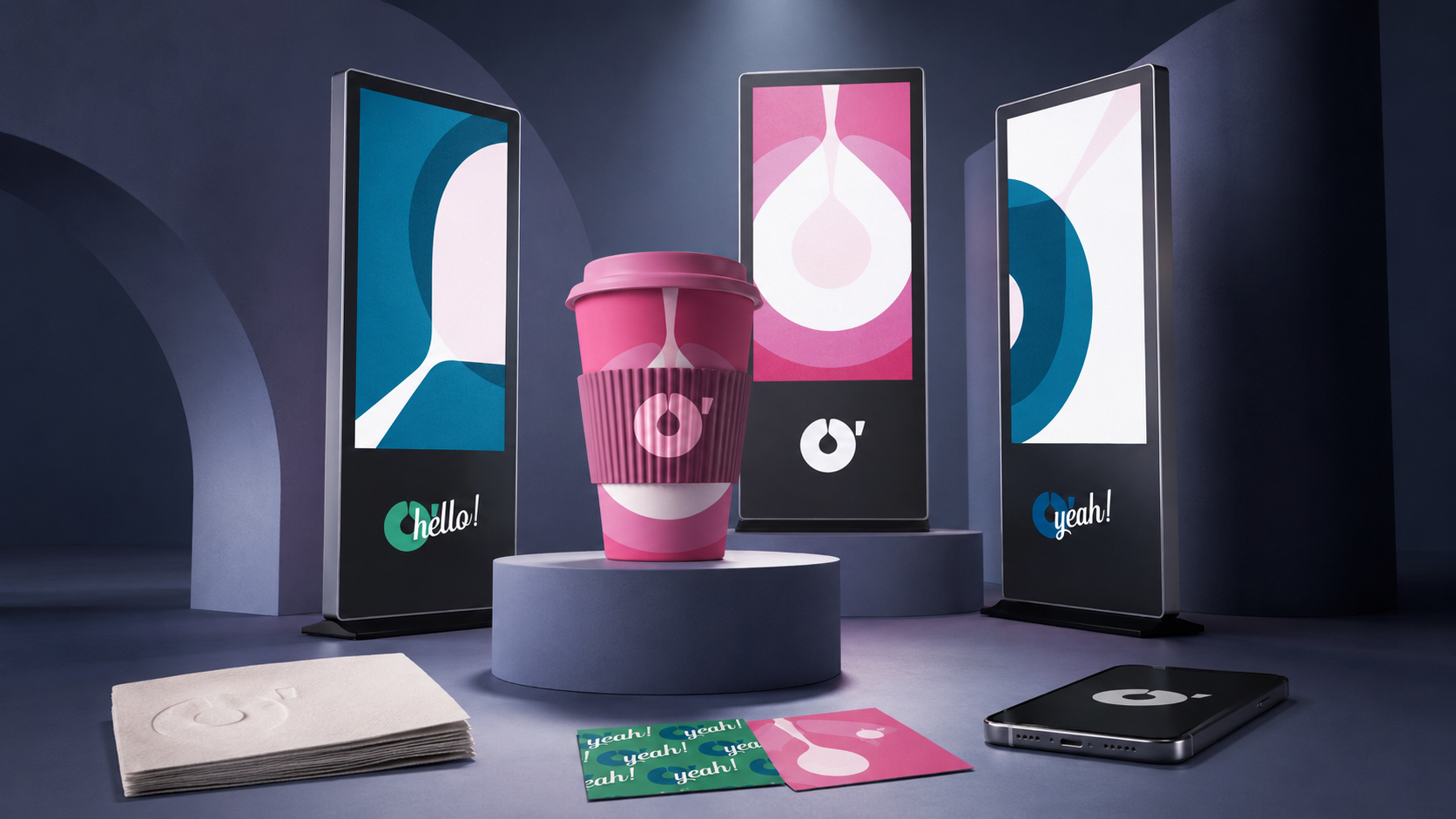 O'Cafe identity presented as a three-dimensional café installation
