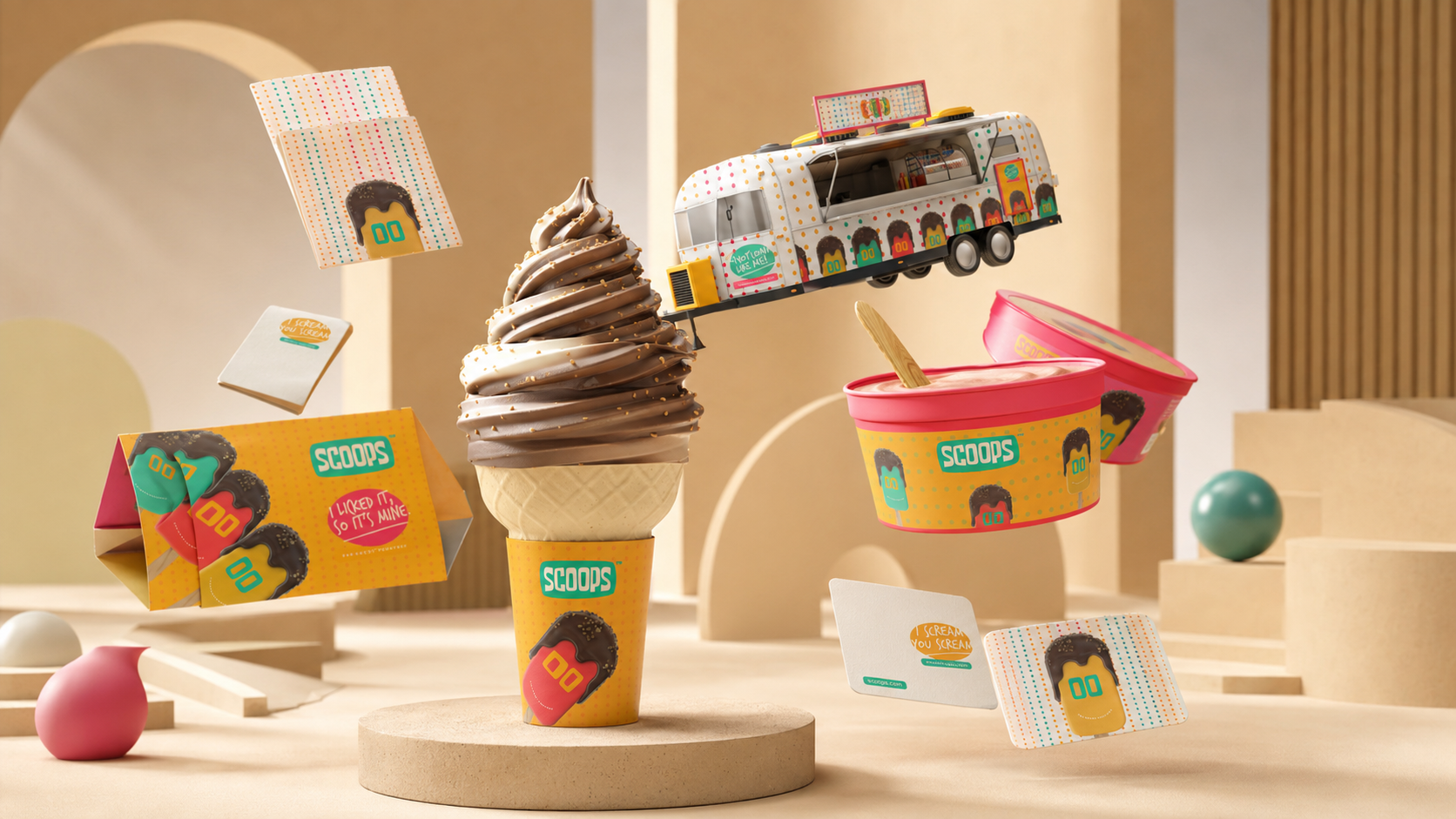 Scoops identity presented as a three-dimensional ice-cream installation