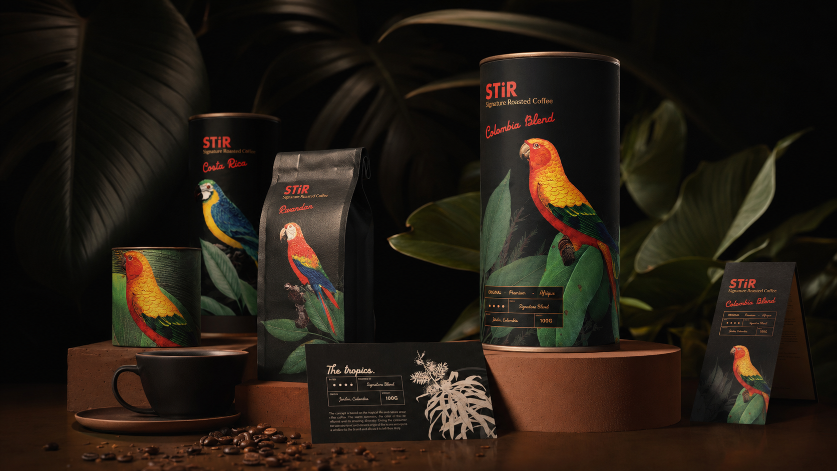 STIR Signature Roasted Coffee presented as a three-dimensional packaging installation